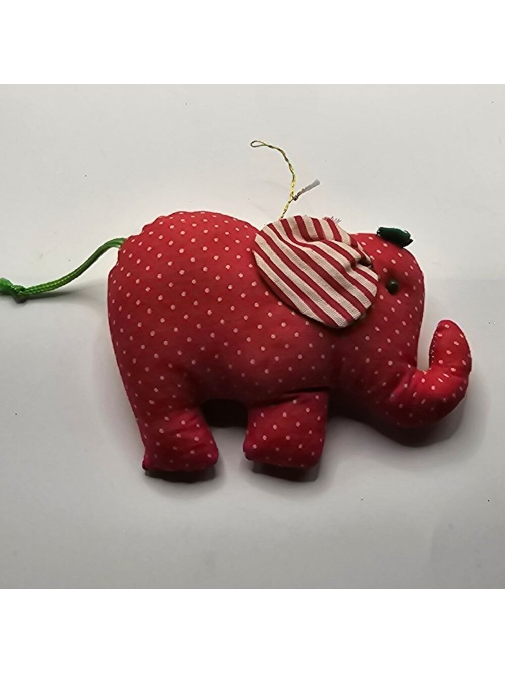 Handmade Red Fabric Elephant Ornament With Polka Dots & Striped Ears - Stuffed C